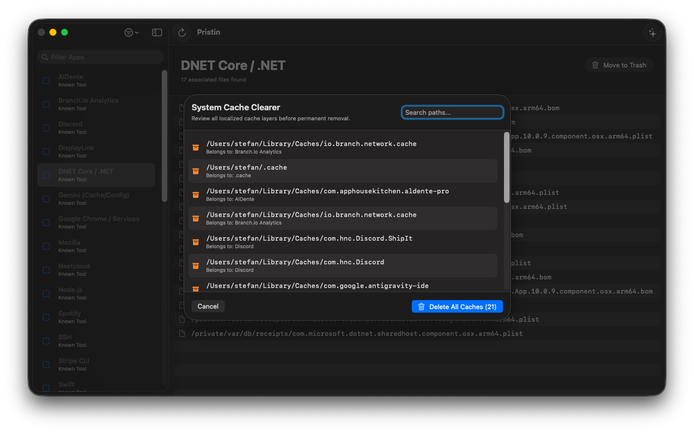 Pristin system cache clearer dialog for reviewing and removing cached data