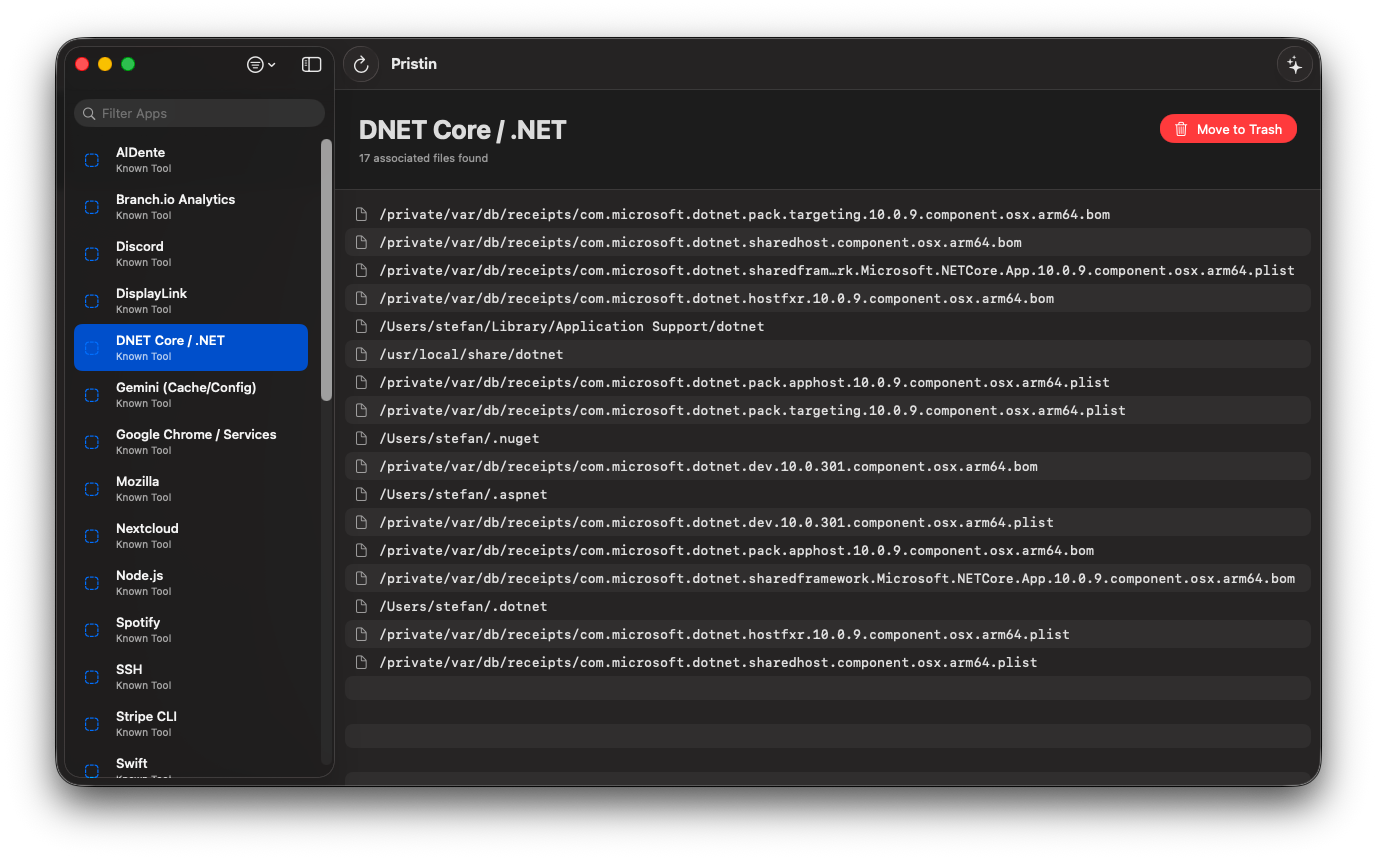Pristin main application view showing installed packages and associated files
